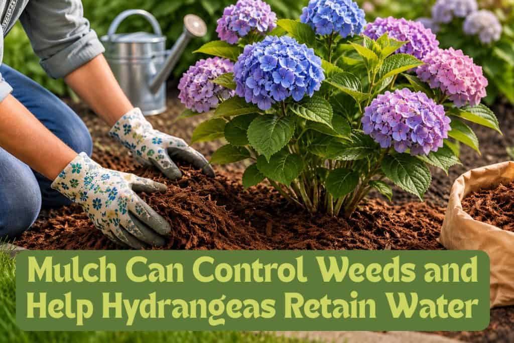 adding mulch to hydrangeas